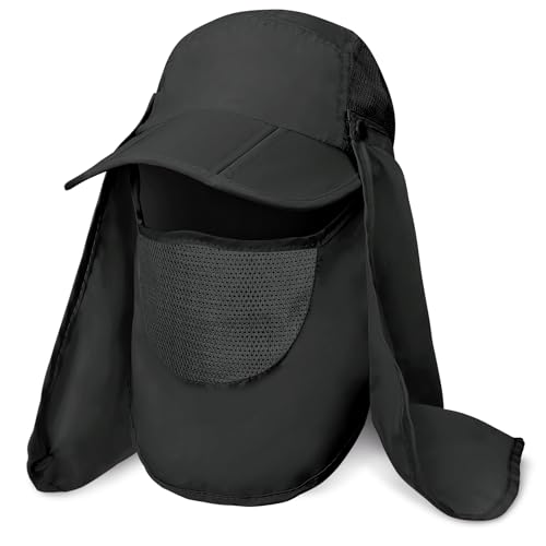 Kiiwah Herren Damen Sonnenhut Fischerhut mit Nackenschutz UPF 50+, Unisex Outdoor Sommerhut Atmungsaktiv Anglerhut Gartenhut Baseball Cap Faltbar für Wandern(55-60cm Schwarz) von Kiiwah