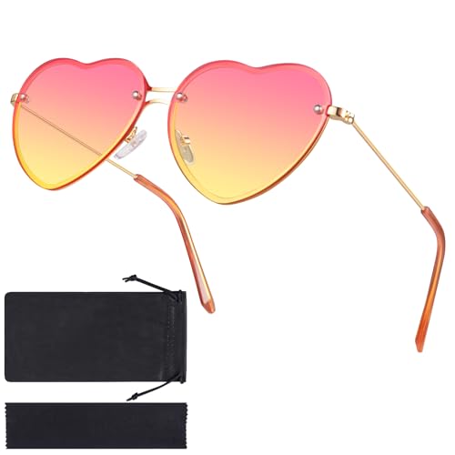 Kiiwah Herz Sonnenbrille Damen, Vintage Herzform Randlose Sonnenbrille, Party Brille Rosa, Hippie Herzförmige Brillen, Retro Sonnenbrille für Festival Kostümzubehör von Kiiwah