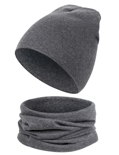 Kiiwah Kinder Beanie Mütze und Loop Schal Set, Weiche Baumwolle Warme Strickmützen und Schals für Baby Herbst Winter Frühling(Dunkelgrau) von Kiiwah