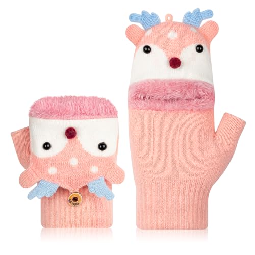 Kiiwah Kinder Halbfinger Handschuhe mit Flip Top, Fingerlose Handschuhe Fäustlinge für Junge Mädchen Warm Strickhandschuhe Plüschfutter Fingerlos Winterhandschuhe Kinder Thermohandschuhe von Kiiwah