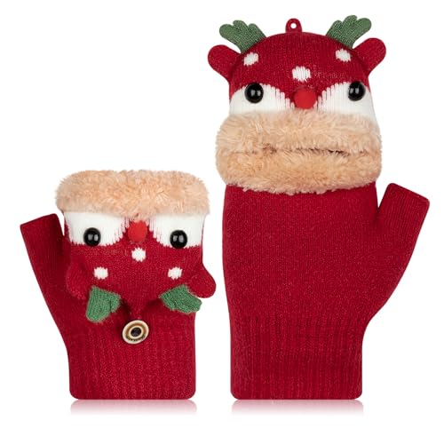 Kiiwah Kinder Halbfinger Handschuhe mit Flip Top, Fingerlose Handschuhe Fäustlinge für Junge Mädchen Warm Strickhandschuhe Plüschfutter Fingerlos Winterhandschuhe Kinder Thermohandschuhe von Kiiwah