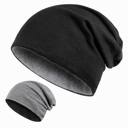 Kiiwah 2 in 1 Reversible Beanie XXL, 58–68 cm Großer Kopf Slouch Beanie Mütze Lange, Strickmützen Winter Chemo Mütze für Herren Damen, Schwarz Grau von Kiiwah