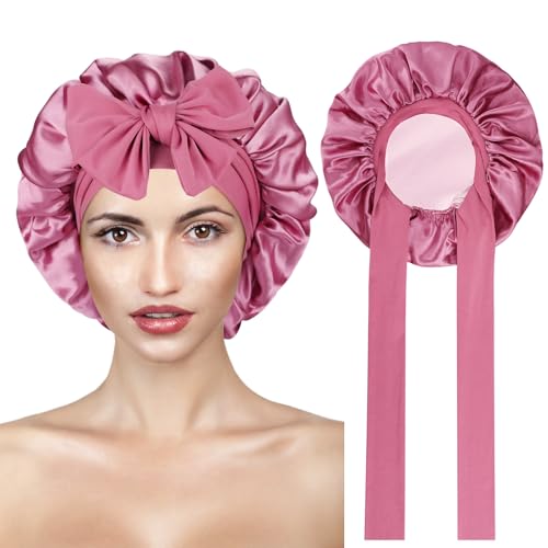 Kiiwah Satin Schlafmütze Silk Bonnet, Verstellbare Seidenhaube zum Schlafen Doppelseitig Nacht Haarhaube Kopfhaube Schlafhaube Seide Duschhaube für Damen und Mädchen von Kiiwah