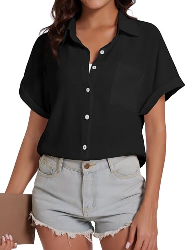 Kiiwah Schwarze Weiße Bluse Kurzarm Damen fur Sommer, Casual Hemdbluse Kurzarm mit Tasche, Umgeschlagene Manschette, Kurzarm Blusenshirt mit Button, Solid Hemdbluse Elegant fur Damen von Kiiwah