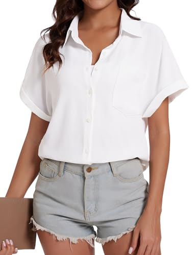 Kiiwah Weiße Bluse Kurzarm Damen fur Sommer, Casual Hemdbluse Kurzarm mit Tasche, Umgeschlagene Manschette, Kurzarm Blusenshirt mit Button, Solid Hemdbluse Elegant fur Damen von Kiiwah