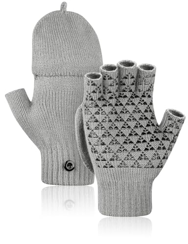 Kiiwah Winter Rutschfester Fingerlose Handschuhe, Unisex Convertible Thermo Halbfinger Handschuhe, Anti-Rutsch Strickhandschuhe für Damen und Herren Fahren Sport Outdoor(Grau) von Kiiwah