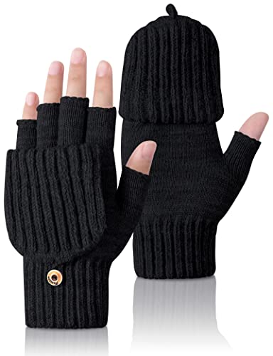 Kiiwah Winter Warme Fingerlose Handschuhe Convertible Thermo Halbfinger Fäustlinge Gestrickte Handschuhe mit Flip Touchscreen Fotografie Sport Handschuhe für Damen und Herren von Kiiwah