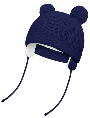 Kiiwah Wintermütze Kinder mit Ohrenklappen, Baby Winter Mütze Warme für Mädchen Jungen, Strickmütze Kinder mit Polar Fleece Lining, Süße Baby Hat mit Bommel für Herbst Winter von Kiiwah