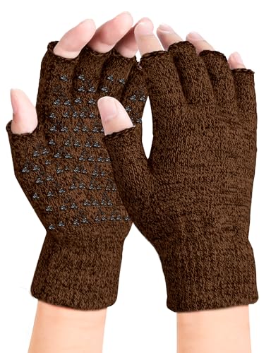 Winter Rutschfester Fingerlose Handschuhe, Thermisch Half Finger Handschuhe, Anti-Rutsch Sporthandschuhe Fingerhandschuhe Warme Dehnbare Strickhandschuhe für Herren Damen（Braun von Kiiwah