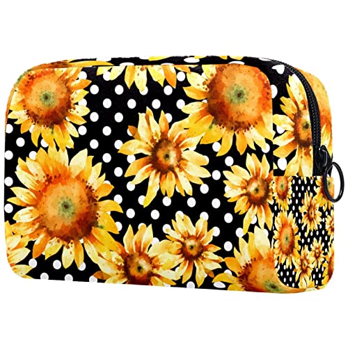 Kleine Make-up-Tasche für Geldbörse, Aquarell-Sonnenblumen mit gepunkteten Reise-Kulturbeutel, Reißverschluss-Tasche, Kosmetik-Organizer für Frauen und Mädchen von KikandKo