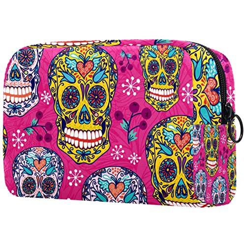 Kleine Make-up-Tasche für Geldbörse, rosa Totenkopf-Knochen, Mexiko, Reißverschluss, Kosmetiktasche für Frauen und Mädchen von KikandKo