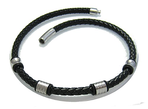 Kikuchi Herren Lederhalsband Geflochten Schwarz 6,3mm Halsband Halskette 4x Edelstahl Beads 50cm HA15104 von KIKUCHI JEWELRY