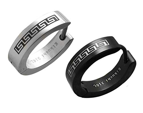 Kikuchi Herren Männer Ohrringe Titan Stäbchen Edelstahl Creolen 16mmØ Greek Key Schwarz Silber ERTS021 von KIKUCHI JEWELRY