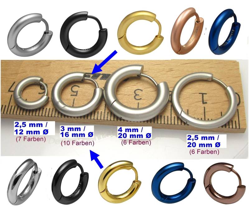 Ø 16 Mm/3 Ohrringe Titan Verschluss Creolen Tube Blau Glänzend Ohrstecker Hoop Huggie Damen Herren von KikuchiMensEarring