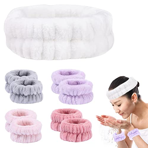 Kikumi Make -up Stirnband Handgelenk Waschband Set für Frauen Mädchen Mikrofaserflanell Dusche Haar Stirnband Armbänder Zum Waschen von Spa Yoga Sport (B Absatz) von Kikumi