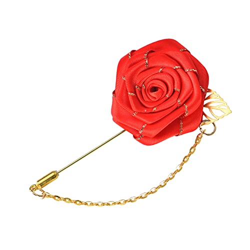 Rote Rose Brosche Pin Tuch Rose Blume mit Blattgold Brosche Anzug Anstecknadeln für Männer Quaste Kette Brosche Rose Blume Pin Broschen für Männer Anzüge Bräutigam Hochzeit Broschen Rose Pins Zubehör von Kilener
