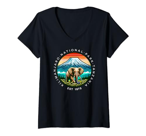 Damen Kilimanjaro National Park Tansania Est 1973 Elephant Safari T-Shirt mit V-Ausschnitt Damen Kilimanjaro National Park Tansania Est 1973 Elephant Safari T-Shirt mit V-Ausschnitt von Kilimanjaro National Park Tanzania Est 1973 Tees
