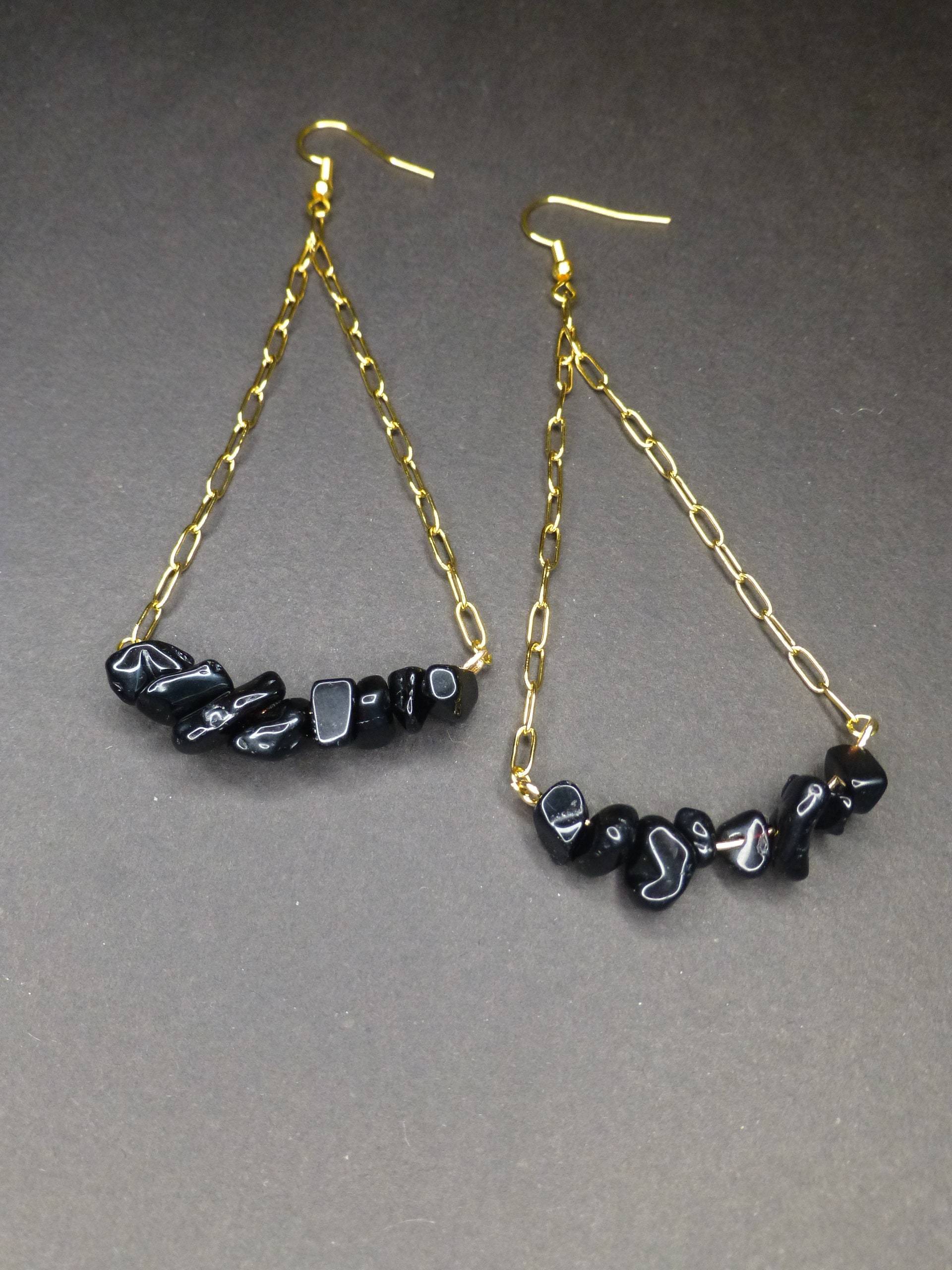 Auffällige Lange Hängeohrringe Gold An Gliederkette Mit Obsidiansplitter Fairy Gothic von KillefitzShop
