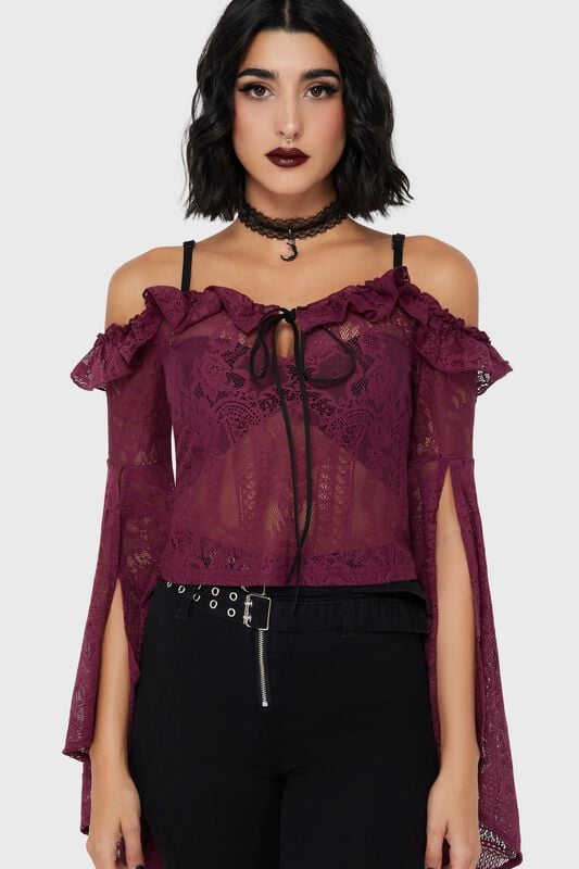 Killstar Belladonna Lace - Breathless Lace Bardot Top Langarmshirt lila in XXL von Killstar