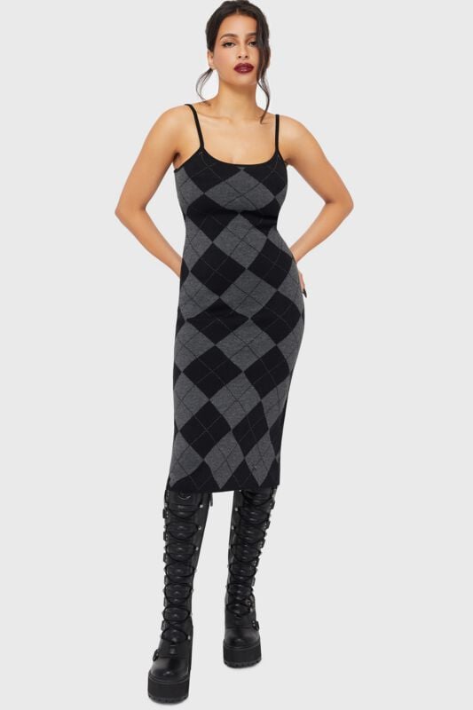 Killstar - Gothic Kleid lang - Twilight Argyle Midi Dress - XS bis XXL - für Damen - Größe M - schwarz/grau von Killstar