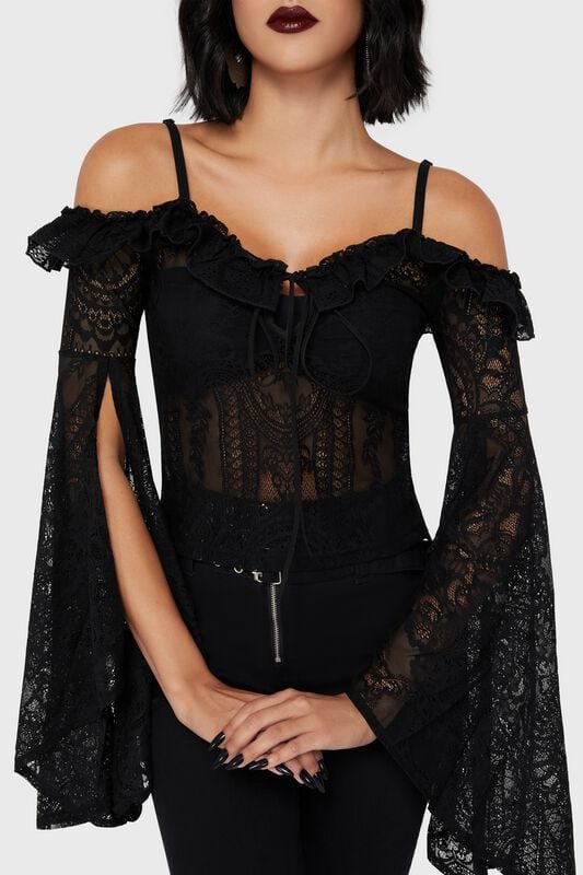 Killstar - Gothic Langarmshirt - Belladonna Lace - Breathless Lace Bardot Top - M bis XL - für Damen - Größe XL - schwarz von Killstar