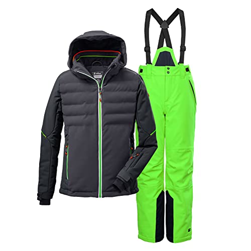 Killtec Jungen Skianzug mit 10.000 mm Wassersäule Größe 128 aus Skijacke KSW 68 BYS SKI JCKT Anthrazit Schwarz und Skihose KSW 79 Neon Grün von Killtec