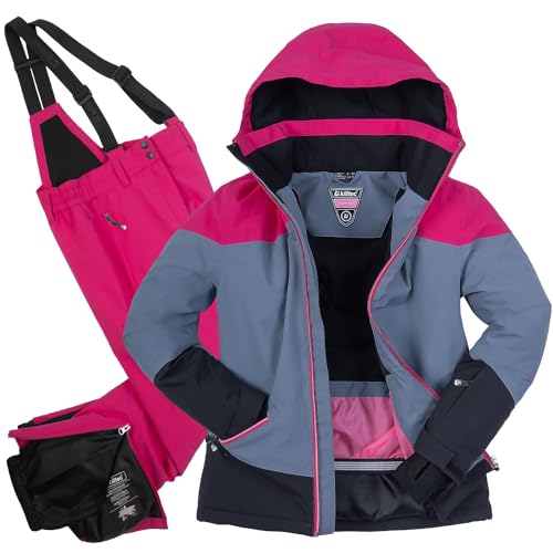 Killtec Mädchen Skianzug Größe 164 wasserdicht 10.000 mm Wassersäule - Skijacke Blaugrau Pink, Skihose Pink von Killtec