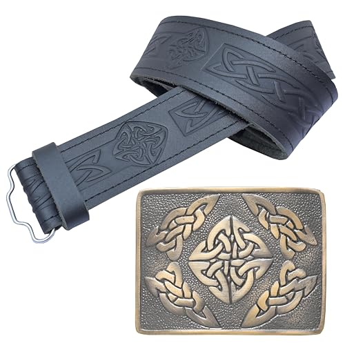 Kilt-Gürtel und Schnallen-Set – Keltischer geprägter Leder-Kilt-Gürtel mit handgefertigter Zinnschnalle mit keltischem quadratischem Design, perfekt für schottische Herren-Kilts, Messing antik, XL Kilt-Gürtel und Schnallen-Set – Keltischer geprägter Leder-Kilt-Gürtel mit handgefertigter Zinnschnalle mit keltischem quadratischem Design, perfekt für schottische Herren-Kilts, Messing antik, XL von Kilt Mania