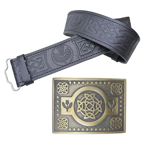 Leder-Kilt-Gürtel und Schnalle, geprägter Gürtel mit schottischer Distel und antiken keltischen Dreifaltigkeitsschnallen, handgefertigtes Zinn – Kilt-Gürtel für Herren, Distel Keltischer Knoten von Kilt Mania