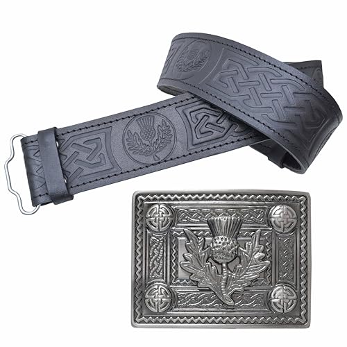 Leder-Kilt-Gürtel und Schnallen-Set, Schottische Distel geprägter Gürtel mit silbernen antiken keltischen Knoten-Schnallen, handgefertigtes Zinn – Kilt-Gürtel für Herren, silber, XL, 44-48 Inch von Kilt Mania