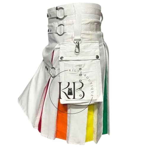Herren Rainbow Pride Utility Kilt, White Cotton Hybrid, Nylon Straps, Bunte Falten, Schwarz , 40 inches / 101 cm von Kilts Boutique