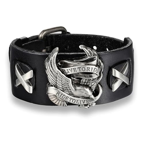 Kilts Boutique Leder Biker Armband Adler 'Live to Ride' Design Breit Gothic Manschette Armband Verstellbarer Metallverschluss, Einstellbar, Leder Leder Metalllegierung, Nill von Kilts Boutique