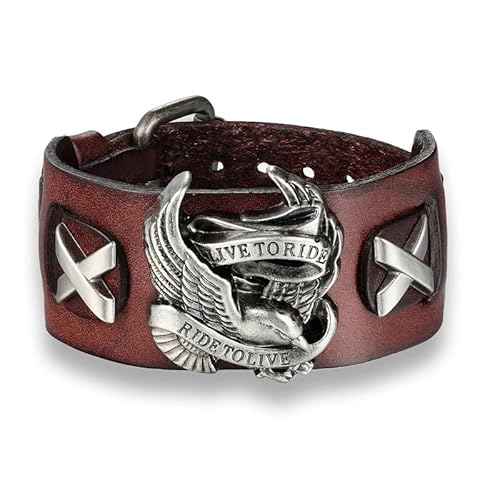 Kilts Boutique Leder Biker Armband Adler 'Live to Ride' Design Breit Gothic Manschette Armband Verstellbarer Metallverschluss, Einstellbar, Leder Leder Metalllegierung, Nill von Kilts Boutique