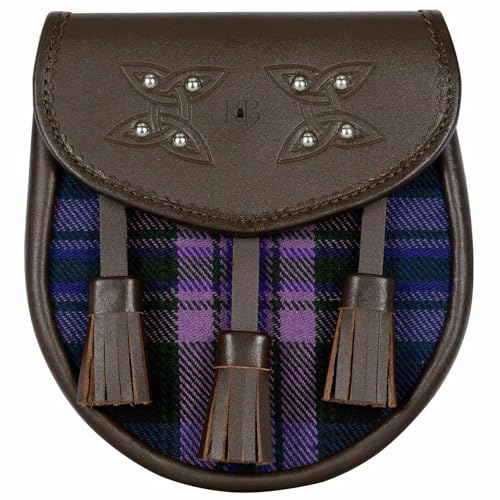 Pride of Scotland Sporran mit Schottenkaro, braunes Leder mit keltischem Design, lila und blau kariert von Kilts Boutique