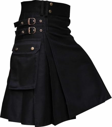 Schottischer Utility Kilt, traditionelle schwarze Baumwolle, Doppelschnallen-Design, 61 cm Länge, Schwarz , 54 inches / 137 cm von Kilts Boutique