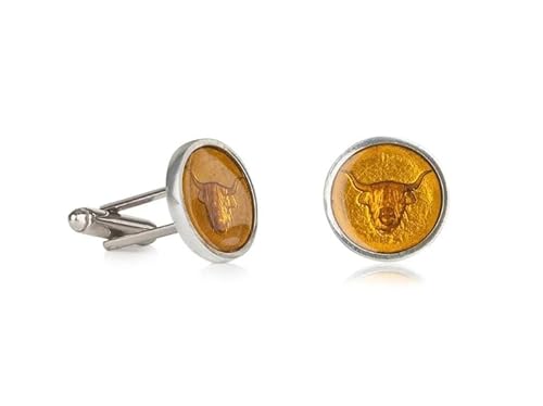 Atemberaubende schottische Hochlandkuh gelbe Emaille-Manschettenknöpfe Zinn von Kilts Wi Hae