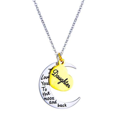 KIM JOHANSON® Damen Halskette *Tochter, Ich Liebe Dich bis zum Mond und zurück* in Silber | Geschenk für die Tochter | Mond in Silber & Herz in Gold | Frauen Schmuck | 50cm lang | Inkl. Schmuckbeutel von Kim Johanson