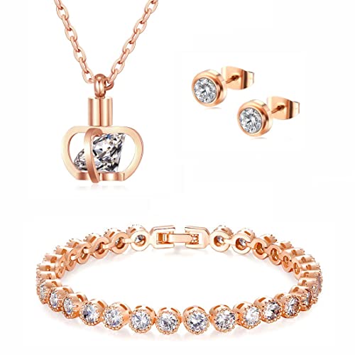 KIM JOHANSON® Damen Schmuckset *Crown* in Roségold I Halskette mit Anhänger & Ohrringe aus Edelstahl I Ohrstecker I Hochzeit I Gold Set für Frauen I Kristall Armband I Wasserfest inkl. Schmuckbeutel von Kim Johanson