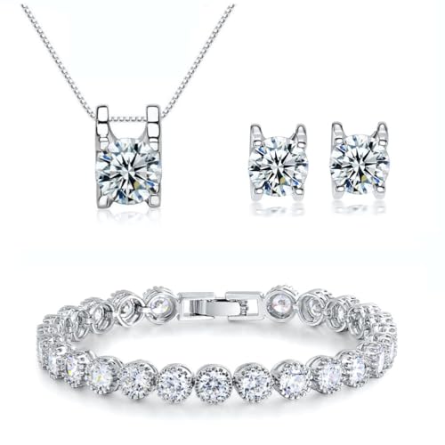 KIM JOHANSON® Damen Schmuckset *Ella* in Silber I Halskette mit Anhänger & Ohrringe aus 925 Sterling Silber I Ohrstecker I Hochzeit I Set für Frauen I Kristall Armband I Wasserfest inkl. Schmuckbeutel von Kim Johanson