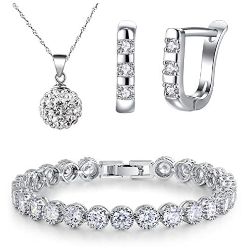 KIM JOHANSON® Damen Schmuckset *Lina* in Silber I Halskette mit Anhänger aus 925 Sterling Silber I Creolen Ohrringe aus Edelstahl I Set für Frauen I Kristall Armband I Wasserfest inkl. Schmuckbeutel von Kim Johanson