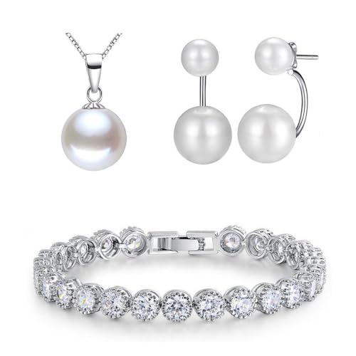 KIM JOHANSON® Damen Schmuckset *Luisa* in Silber I Halskette mit Anhänger & Ohrringe aus 925 Sterling Silber I Ohrstecker I Hochzeit I Set für Frauen I Kristall Armband I Wasserfest inkl Schmuckbeutel von Kim Johanson