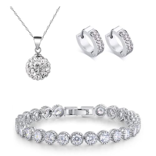 KIM JOHANSON® Damen Schmuckset *Nela* in Silber I Halskette mit Anhänger aus 925 Sterling Silber I Creolen Ohrringe aus Edelstahl I Set für Frauen I Kristall Armband I Wasserfest inkl. Schmuckbeutel von Kim Johanson