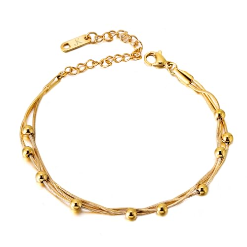 KIM JOHANSON® Edelstahl Damen Armband *Kala* in Gold | Armkette mit vielen festen Kugeln | Wasserfest | Boho Schmuck für Frauen | Kreise | Multi Layer | Verstellbare Länge | Inkl. Schmuckbeutel von Kim Johanson