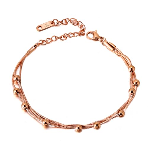 KIM JOHANSON® Edelstahl Damen Armband *Kala* in Roségold | Armkette mit vielen festen Kugeln | Wasserfest | Boho Schmuck für Frauen | Kreise | Multi Layer | Verstellbare Länge | Inkl. Schmuckbeutel von Kim Johanson