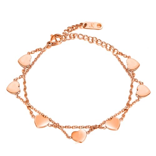KIM JOHANSON® Edelstahl Damen Armband *Nalani* in Roségold | Armkette mit vielen Herzen | Wasserfest | Boho Schmuck für Frauen | Herz Armkettchen | Multi Layer | Verstellbare Länge Inkl. Schmuckbeutel von Kim Johanson