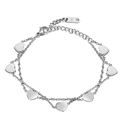 KIM JOHANSON® Edelstahl Damen Armband *Nalani* in Silber | Armkette mit vielen Herzen | Wasserfest | Boho Schmuck für Frauen | Herz Armkettchen | Multi Layer | Verstellbare Länge | Inkl. Schmuckbeutel von Kim Johanson