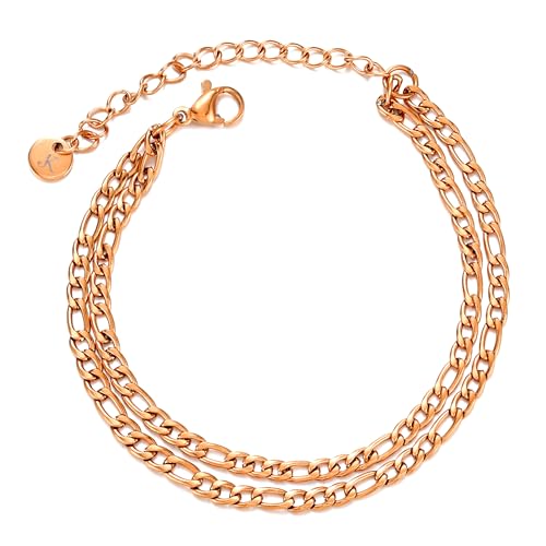 KIM JOHANSON® Edelstahl Damen Fußkettchen *Elda* in Silber, Gold & Roségold | Mehrreihige Fußkette | Figaro Panzer Kette | Wasserfest | Boho Schmuck für Frauen | Verstellbare Länge | Schmuckbeutel von Kim Johanson