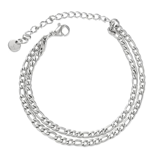 KIM JOHANSON® Edelstahl Damen Fußkettchen *Elda* in Silber, Gold & Roségold | Mehrreihige Fußkette | Figaro Panzer Kette | Wasserfest | Boho Schmuck für Frauen | Verstellbare Länge | Schmuckbeutel von Kim Johanson