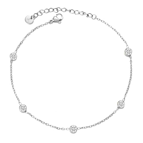 Kim Johanson® Edelstahl Damen Fußkettchen *Gina* in Silber, Gold & Roségold | Fußkette mit funkelnden Zirkonia Dots | Wasserfest | Boho Schmuck für Frauen | Verstellbare Länge | Inkl. Schmuckbeutel von Kim Johanson