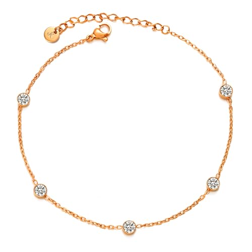 Kim Johanson® Edelstahl Damen Fußkettchen *Gina* in Silber, Gold & Roségold | Fußkette mit funkelnden Zirkonia Dots | Wasserfest | Boho Schmuck für Frauen | Verstellbare Länge | Inkl. Schmuckbeutel von Kim Johanson